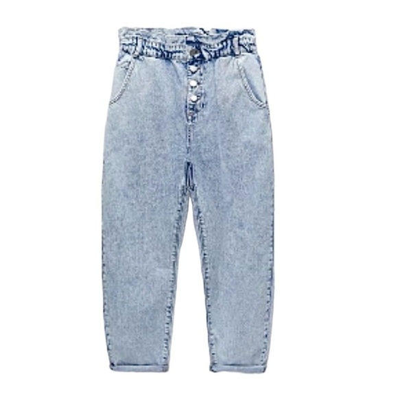 Zara Paper Bag High Rise Button Fly Jean Pants, Blue Light Wash, Size 6 - Picture 2 of 9